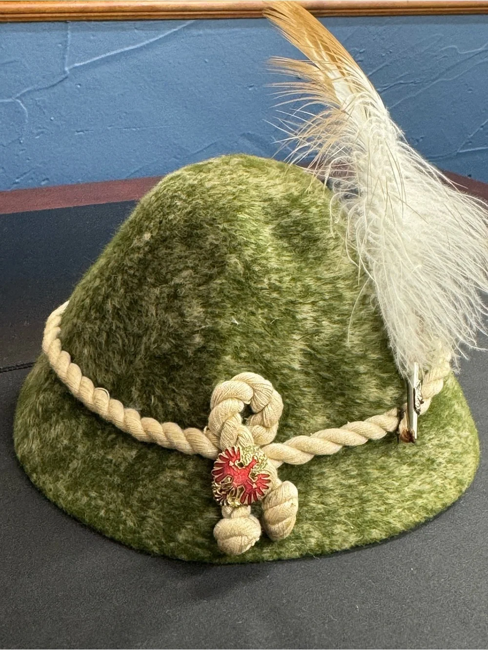 Vintage Green Felt Tyrolean Alpine Hat Feather Braided Cord Floral Brooch